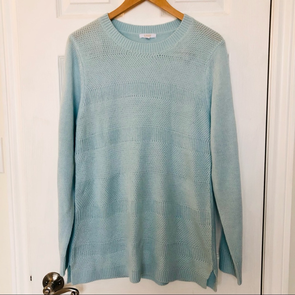 Lissy striped knit sweater, robins egg blue, extra large